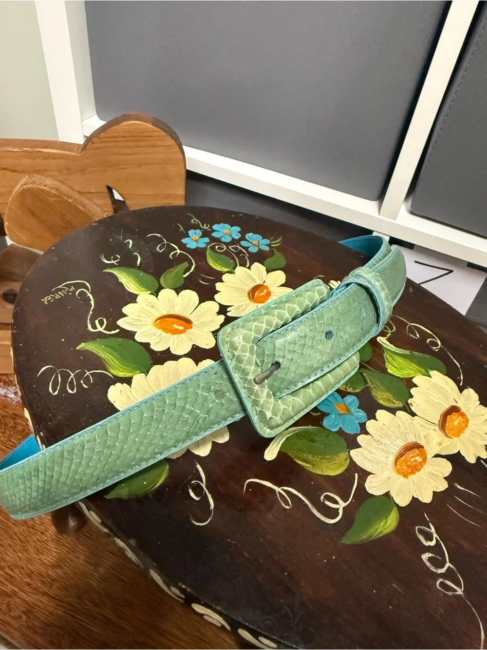 The Ritz Vintage Genuine Snakeskin Green Leather Belt with Turquoise Lining Lg